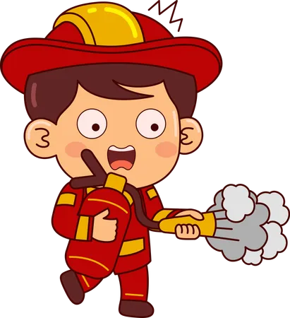Menino bombeiro fofo segurando um extintor de incêndio  Ilustração