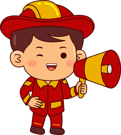 Menino bombeiro fofo segurando um megafone  Ilustração