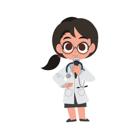 Médico feminino bonito dos desenhos animados falando com microfone fazendo anúncio médico  Illustration