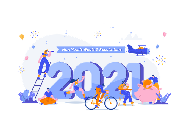 Bonne année 2021. Objectifs et résolutions 2021 Illustration du concept. De petites personnes s'amusent avec leurs objectifs en 2021  Illustration