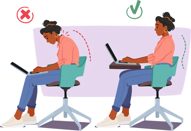 Bonne et mauvaise posture corporelle lorsque vous travaillez au bureau  Illustration