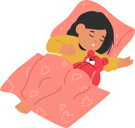 Bons sonhos envolvem uma cena pacífica enquanto uma linda criança dorme na cama e um ursinho de pelúcia fofinho  Ilustração