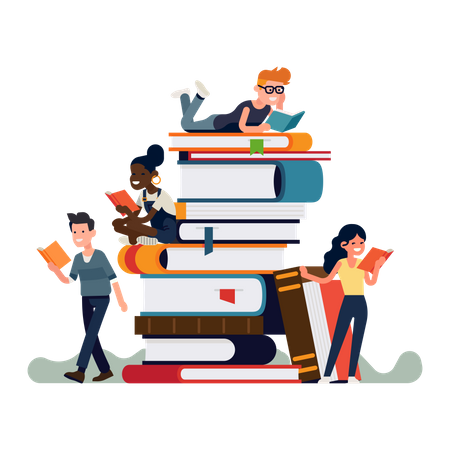 Book lovers reading books sitting, lying and standing next to a stack of giant books  Illustration