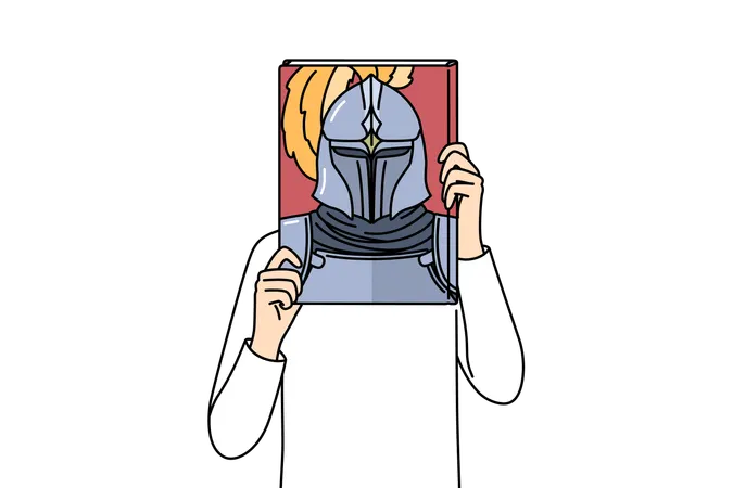 Book with knight on cover in hands of man covering face while reading literature about medieval soldiers  Illustration