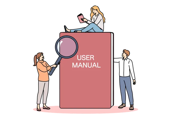 Book With User Manual Next To Miniature People Reading Tips And Rules For Using Product Textbook With Inscription User Manual On Cover Is Intended For Teaching Independent Use Of Equipment Illustration