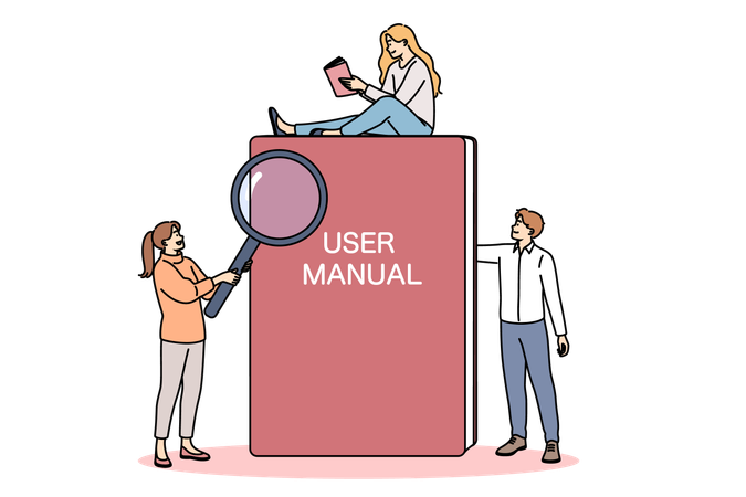 Book with user instructions next to miniature people reading tips and rules for using product  Illustration