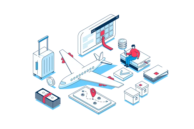 Booking Flight Concept In 3 D Isometric Design People Choosing Travel Destination And Creating Route Ordering And Buying Tickets To Plane Vector Illustration With Isometry Scene For Web Graphic Illustration