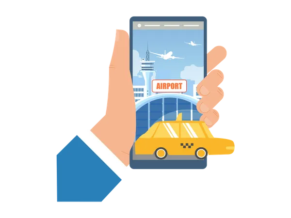 Booking Taxi for Airport Transfer with Mobile Phone Illustration