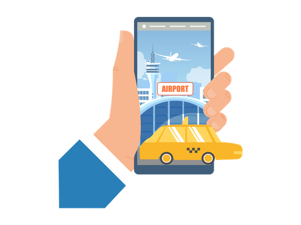 Booking Taxi for Airport Transfer with Mobile Phone  Illustration