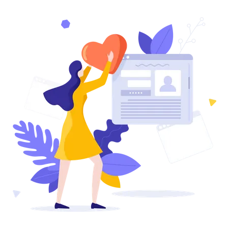 Woman Putting Red Heart On Browser Window Concept Of Bookmarking Favorite Website Popular Webpage Internet User Online Preference Modern Flat Colorful Vector Illustration For Poster Banner イラスト