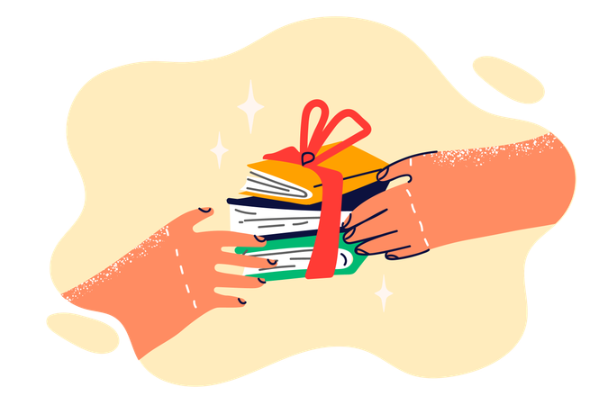 Books with gift ribbon in hands of person symbolize prize to student for winning Olympiad  イラスト