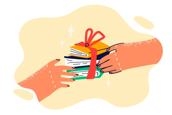 Books with gift ribbon in hands of person symbolize prize to student for winning Olympiad  Illustration