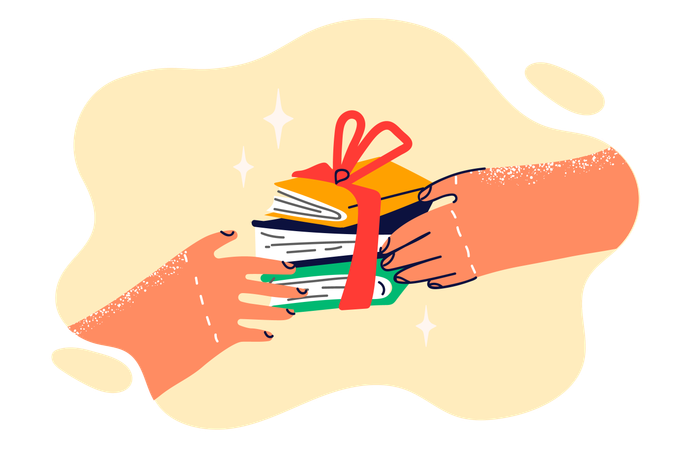 Books with gift ribbon in hands of person symbolize prize to student for winning Olympiad  Illustration