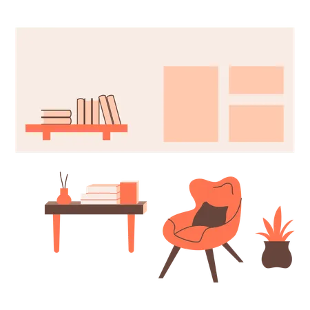Workplace Interior With Chair Bookshelf Table And Plant Vector Illustration In Flat Style With Workplace Theme Editable Vector Illustration Illustration