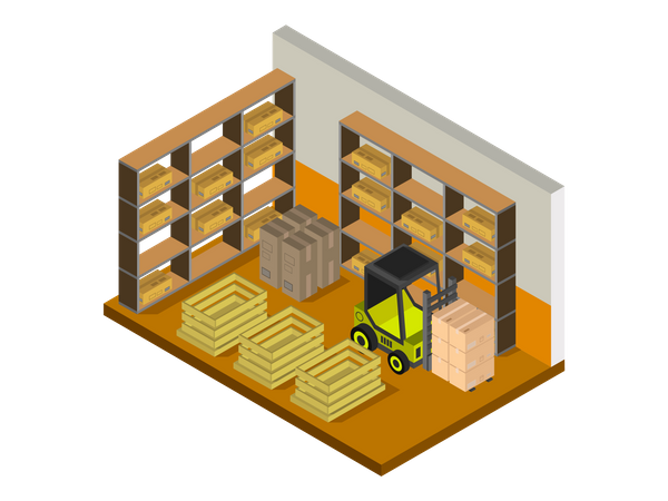 Boom lift arranging boxes in warehouse  Illustration