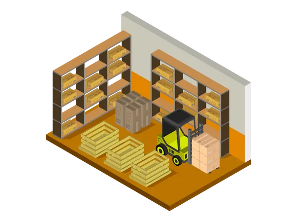 Boom lift arranging boxes in warehouse  Illustration