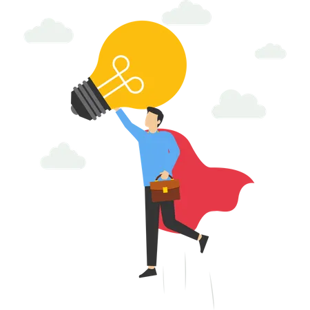 Innovation Or Imagination Concept Big Idea To Boost Business Success Super Power Or Creativity To Win Business Competition Genius Businessman Superhero Flying While Carrying Big Light Bulb Idea Illustration