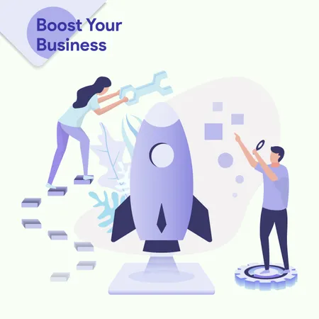 Boost Your Business Vector Illustration Concept A Woman Was Repairing A Rocket And A Man Directed It Can Use For Landing Page Template Ui Web Mobile App Banner Illustration