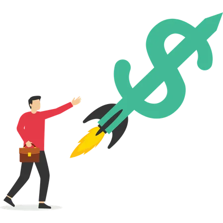 Boost Your Income Happy Businessman Company Owner Or Investor With Dollar Money Sign Launch Rocket Booster High In Sky Illustration
