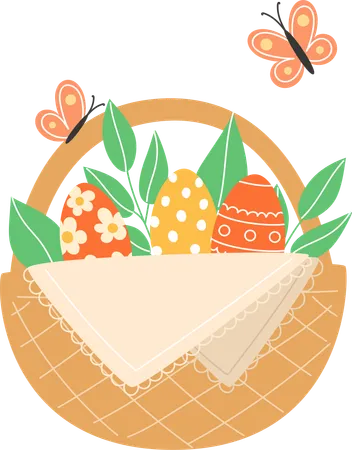 Borboletas e ovos pintados em uma cesta de vime para férias  Ilustração