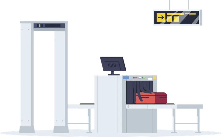 Border control semi flat RGB color vector illustration. Security check equipment for airport terminal. Baggage check. Luggage conveyor belt isolated cartoon object on white background  イラスト