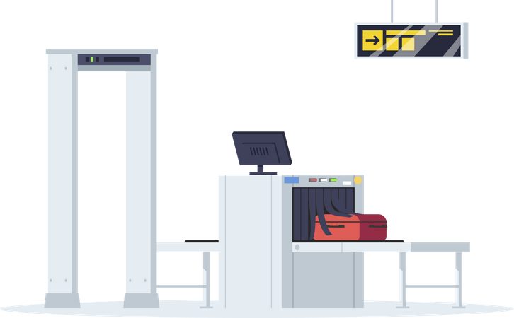 Border control semi flat RGB color vector illustration. Security check equipment for airport terminal. Baggage check. Luggage conveyor belt isolated cartoon object on white background Illustration