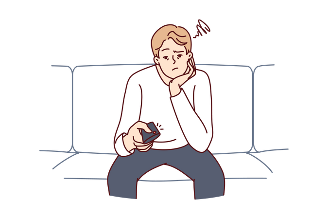 Bored man holding TV remote due to lack of satellite television channels with interesting shows  Illustration