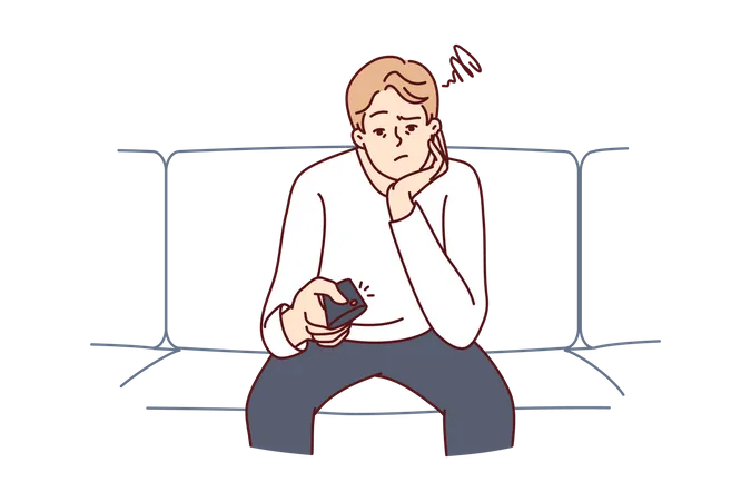 Bored man holding TV remote due to lack of satellite television channels with interesting shows  Illustration