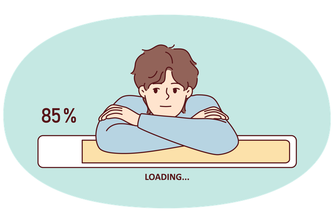 Bored man leaning on progress line loading waiting to download movie from internet  Illustration