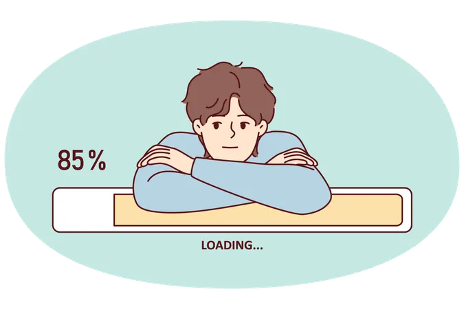 Bored man leaning on progress line loading waiting to download movie from internet  Illustration