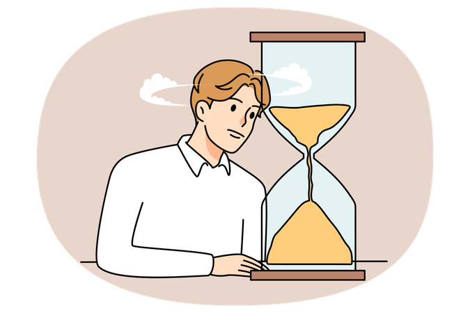 Bored man look at hourglass waiting  Illustration