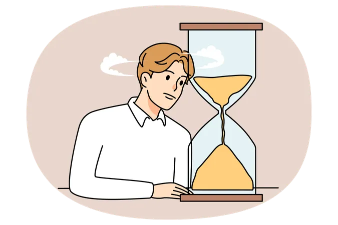 Bored man look at hourglass waiting  Illustration
