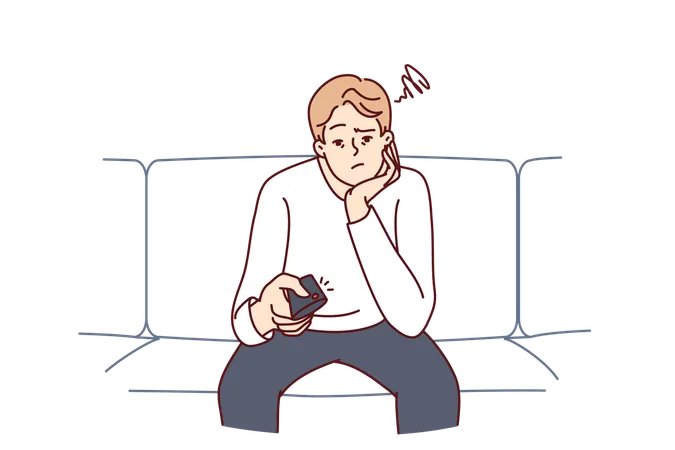 Bored Man Holding TV Remote Due To Lack Of Satellite TV Channels With Interesting Shows Concept Frustration And Procrastination Associated With Lack Of Motivation Caused By Emotional Burnout Illustration