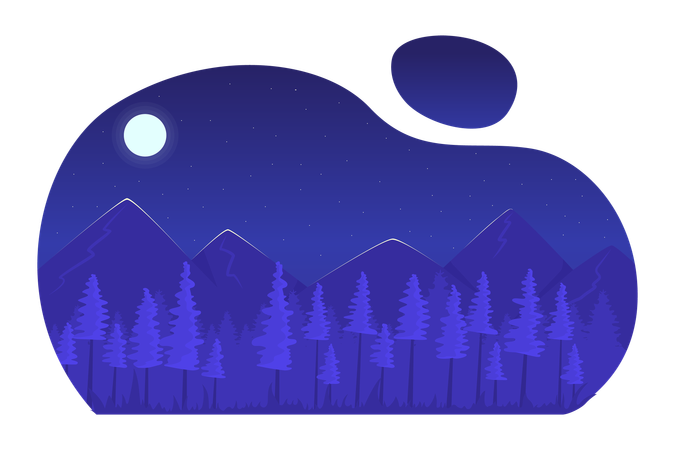 Bosque de montaña iluminado por la luz de la luna  Ilustración