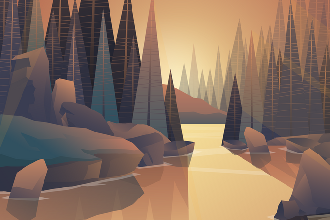 Río forestal y montaña con tono cálido  Ilustración
