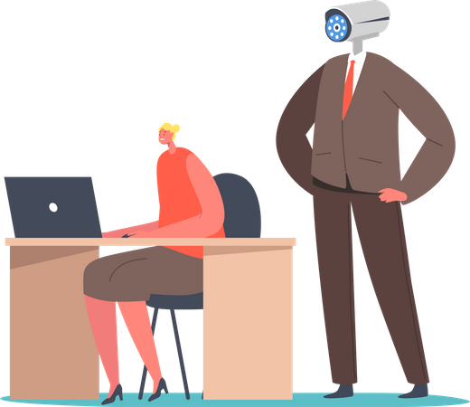 Boss controlling employees through video call chat Illustration