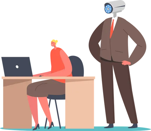 Boss controlling employees through video call chat  Illustration