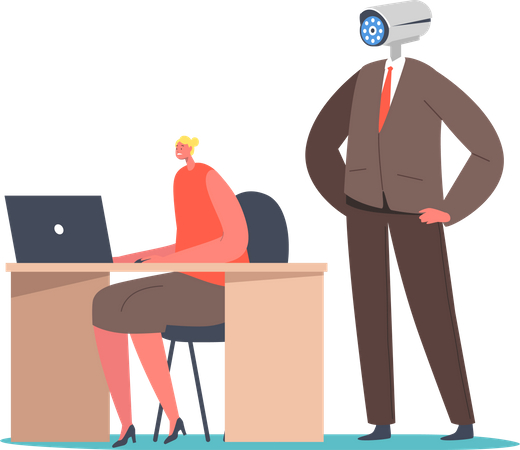 Boss controlling employees through video call chat  Illustration