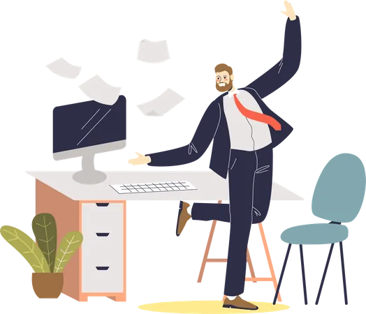 Cheerful Businessman Smiling Boss Dancing On Workplace After Successful Agreement Full Length Cartoon Manager In Suit Celebrate Victory Flat Vector Illustration Illustration