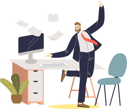 Boss dancing on workplace after successful agreement  Illustration