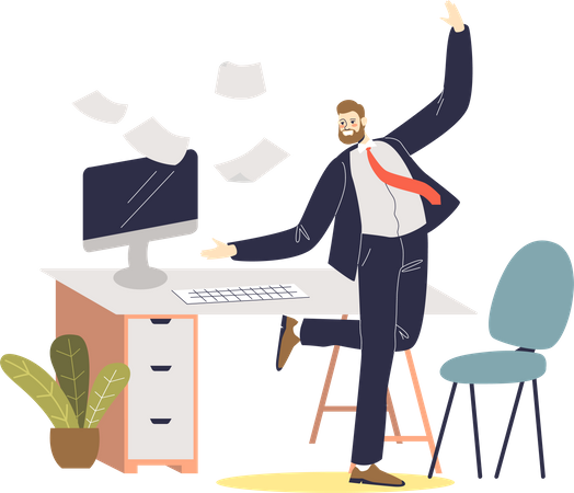 Boss dancing on workplace after successful agreement  Illustration
