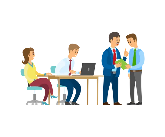Boss Discussing Business Idea With Employee Vector Person Typing Info On Laptop Businessman Company Owner Communicating With Team Of Office Workers Illustration