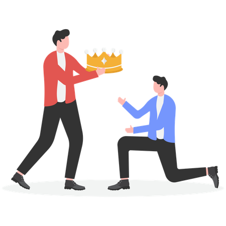 Boss giving golden crown to kneeling businessman  Illustration