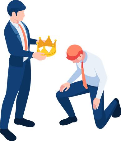Boss giving golden crown to kneeling businessman Illustration