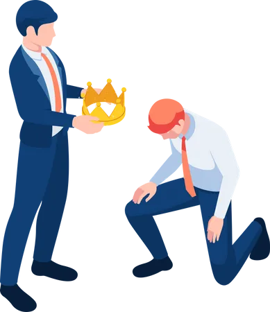 Flat 3 D Isometric Boss Giving Golden Crown To Kneeling Businessman Business Success Concept Illustration