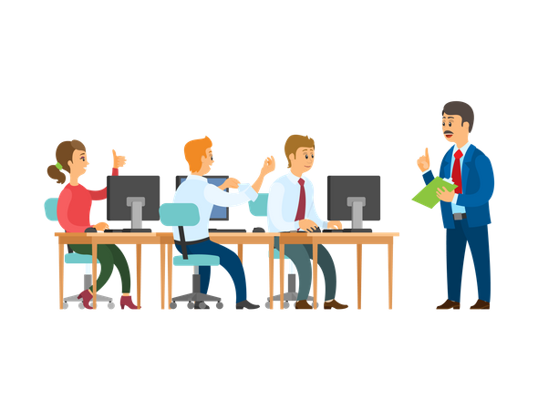 Boss giving order to employees about computer related works  Illustration