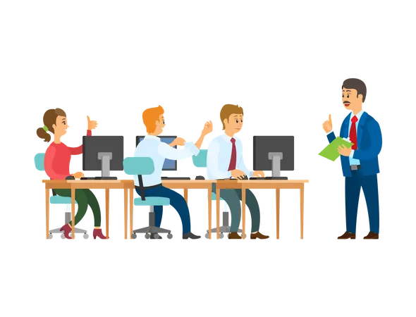 Boss giving order to employees about computer related works  Illustration