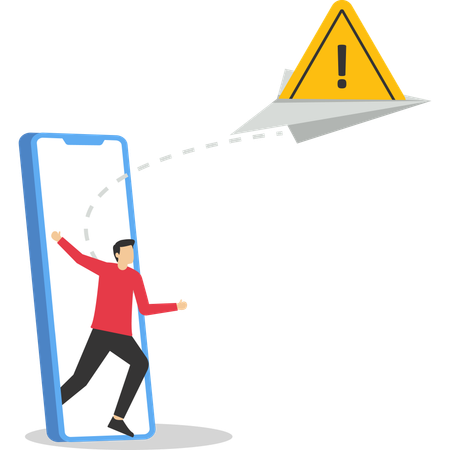 Boss hand holding big paper plane with exclamation attention sign  Illustration