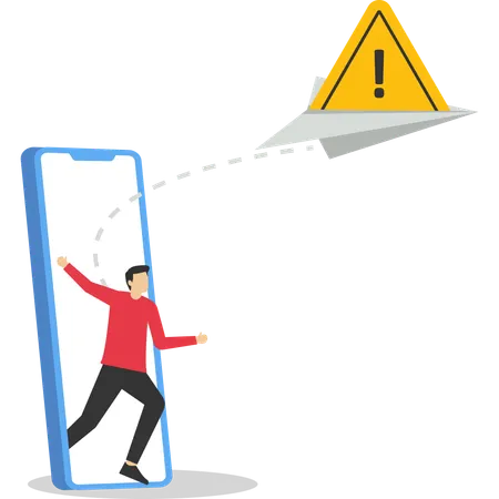 Boss hand holding big paper plane with exclamation attention sign  Illustration