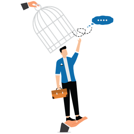 Boss hand opening cage over businessman head to release thought bubble  Illustration